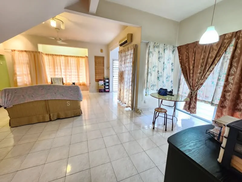 Room features: white tiled flooring, ceiling fan, large windows with sheer curtains, curtains in floral pattern, green accent wall, dining table with chair, bed with beige coverlet, air conditioning unit, sliding glass door leading to outdoor area; style: contemporary; view: garden.