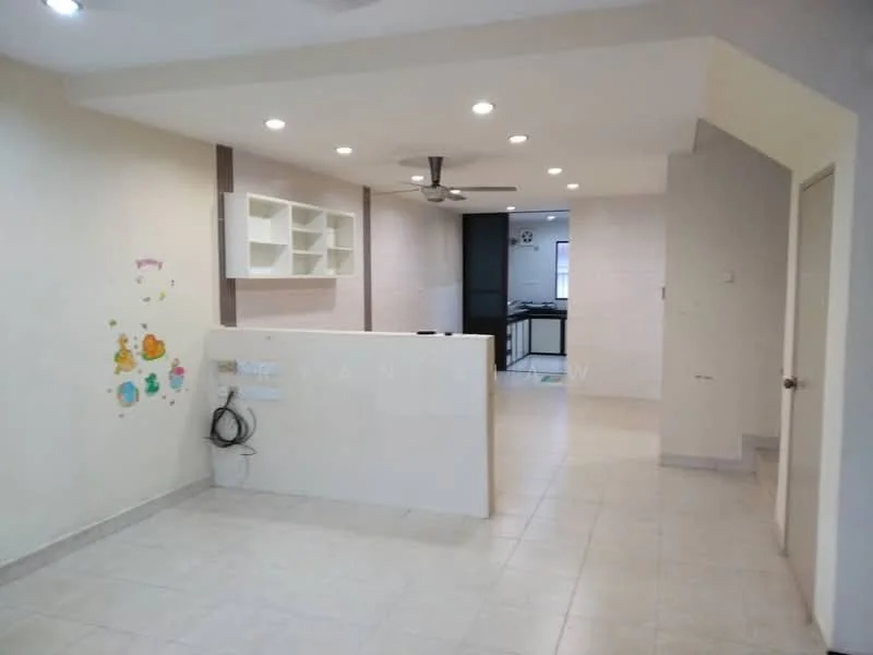 Living features: white painted walls, tile flooring, 5-blade ceiling fan with light, open shelving, wall-mounted electrical outlets, neutral color scheme, recessed downlights, decorative wall decals; style: modern. Kitchen features: tile flooring, white painted walls, open layout, recessed downlights; style: modern.