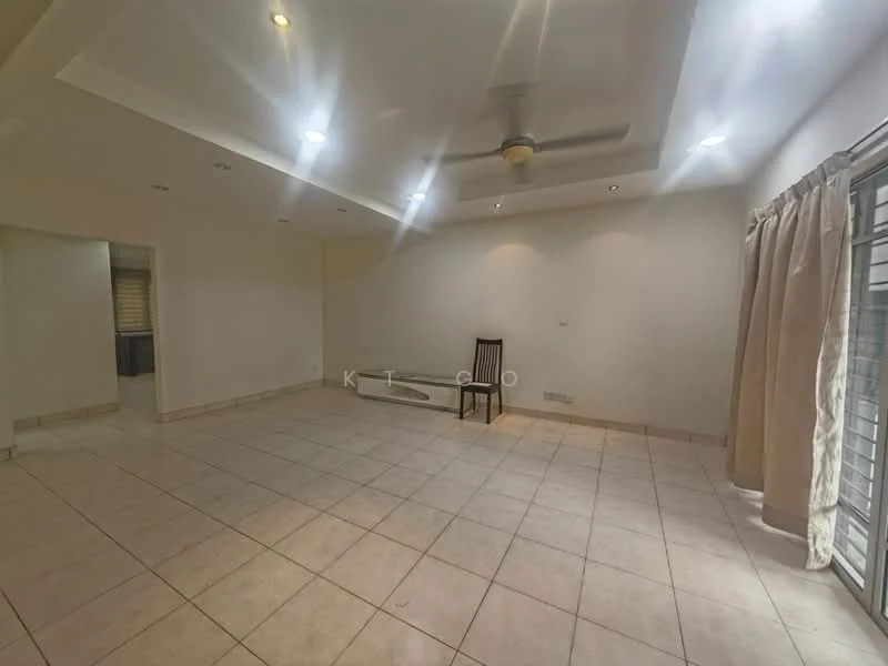 Living features: cream painted walls, tile flooring, tray ceiling, recessed downlights, 5-blade ceiling fan, sliding glass door, curtains, single wooden chair, wall-mounted light fixtures; style: modern.