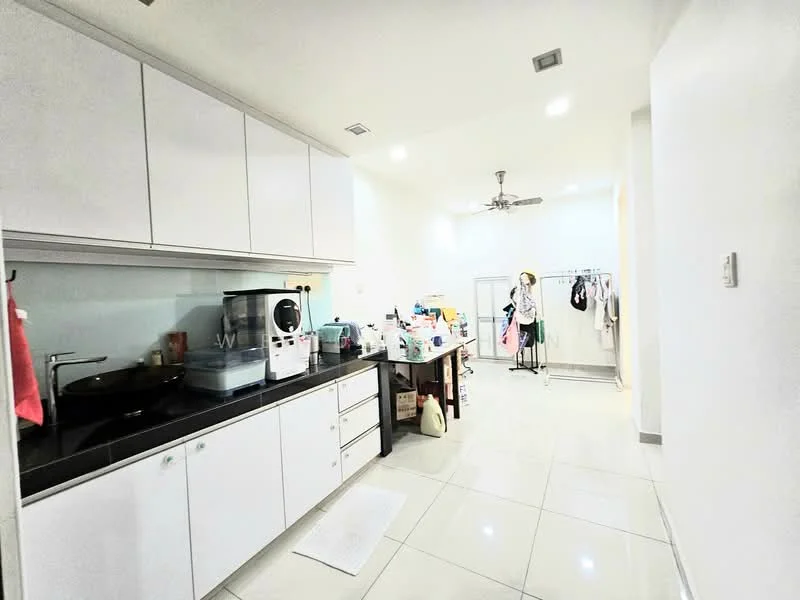 Kitchen features: white cabinetry, black countertop, single-bowl stainless-steel sink, chrome pull-down faucet, built-in washing machine, refrigerator, ceiling fan, tile flooring, recessed downlights, open shelving, laundry area, wall-mounted clothes rack; style: modern.