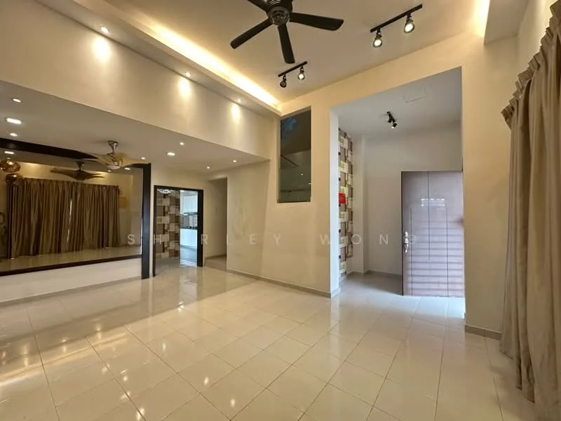 Living features: white painted walls, glossy tile flooring, 5-blade ceiling fan with light, recessed downlights, large mirror on wall, curtains in beige, open layout, natural light from windows; style: modern. Room features: white painted walls, glossy tile flooring, doorway leading to another room, decorative wall with colored panels.