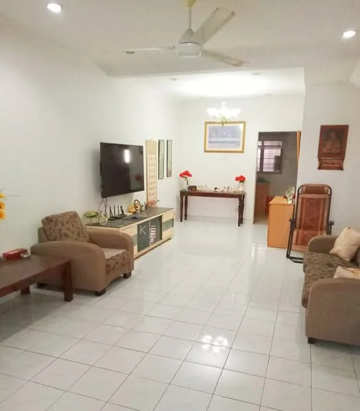 Living features: white painted walls, glossy white tile flooring, 5-blade ceiling fan with light, wall-mounted flat-screen TV, wooden coffee table, 2 fabric armchairs in beige, sofa with cushions, decorative wall art, console table with decorative items, natural light from window, recessed lighting; style: modern.