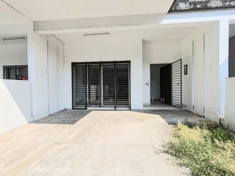 Exterior features: concrete flooring, white painted walls, black metal grilles, open space, landscaped area with grass, single-storey structure, entrance door, large glass windows; style: modern.
