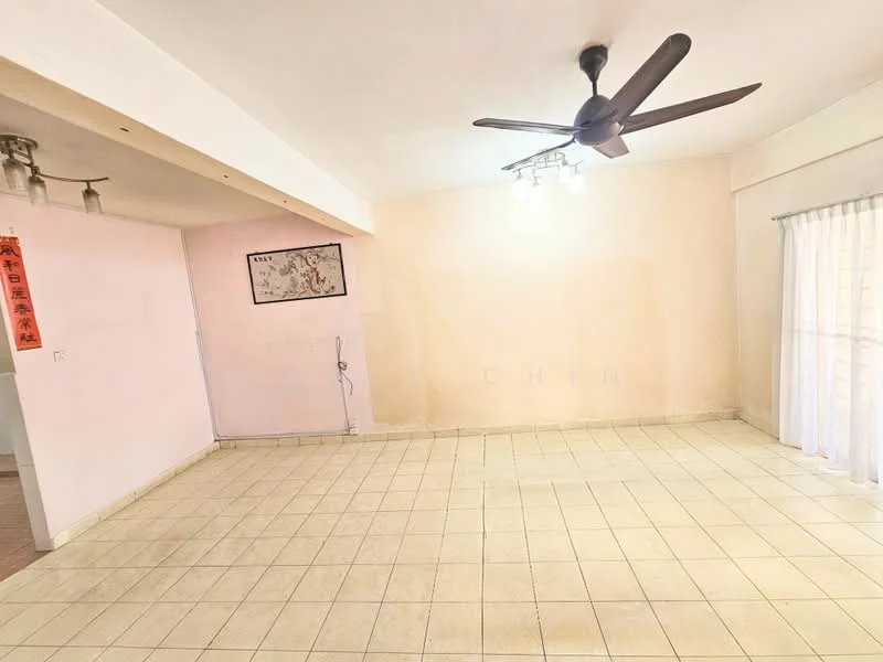 Living features: cream painted walls, tile flooring, 5-blade ceiling fan with light, recessed downlights, floor-to-ceiling windows with sheer curtains, wall-mounted artwork, open layout, no visible furniture.