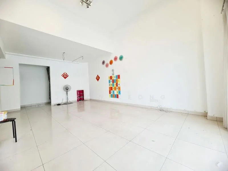 Room features: white painted walls, glossy ceramic tile flooring, recessed downlights, ceiling fan, decorative wall art, open layout, large windows, minimalist decor; style: modern.