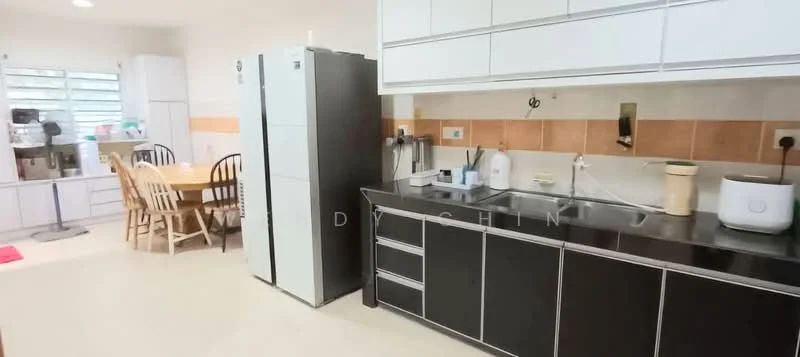 Kitchen features: black cabinetry with silver handles, white countertop, stainless-steel fridge, built-in oven, double-bowl stainless-steel sink, chrome pull-down faucet, tile backsplash, ceramic tile flooring, recessed downlights, window with blinds, dining table with wooden chairs; style: modern.
