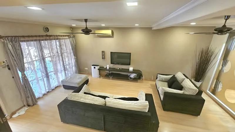 Living features: 2-seater fabric sofa in black, 2-seater fabric sofa in white with black stripes, coffee table, wall-mounted TV, TV console, floor-to-ceiling windows with sheer curtains, light wood flooring, 2 ceiling fans, decorative plant in ceramic pot, wall-mounted air conditioning unit, recessed downlights, mirror wall; style: modern.