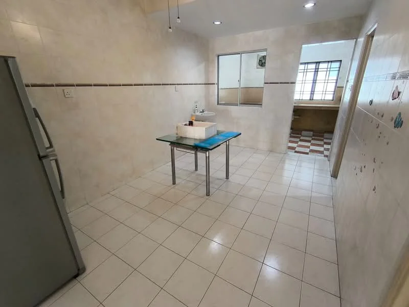 Kitchen features: white tiled walls, cream tiled flooring, glass-top dining table, stainless-steel fridge, single-bowl stainless-steel sink, chrome pull-down faucet, window with grid design, light fixtures in ceiling, open layout, counter space, decorative wall stickers.