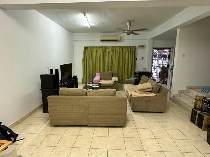 Living features: cream painted walls, tiled flooring, 5-blade ceiling fan, sofa set in beige, coffee table, TV console, wall-mounted TV, curtains in green, air conditioning unit, decorative pillows; style: modern.