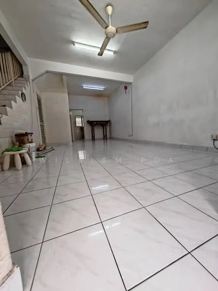 Living features: white painted walls, glossy white tile flooring, 5-blade ceiling fan with light, large windows, dining table, staircase visible, light fixture on ceiling, power outlet on wall; style: modern.