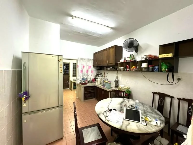 Kitchen features: stainless-steel fridge, round dining table with marble top, wooden dining chairs, wood cabinetry, open shelving, countertop with appliances, wall-mounted fan, tile flooring, white painted walls, fluorescent ceiling lights; style: traditional.