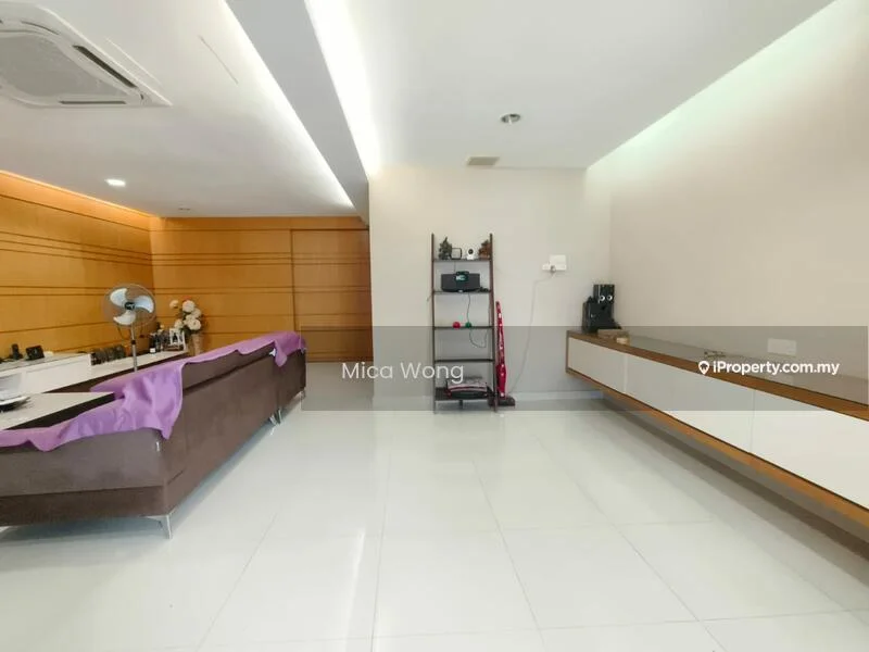 Living features: white tiled flooring, wood panel accent wall, recessed ceiling lights, ceiling-mounted air conditioning unit, built-in cabinetry, open layout, neutral wall color, decorative wall shelf; style: modern.