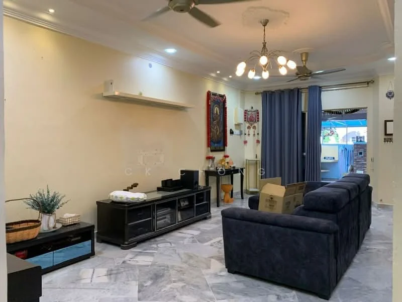 Living features: 3-seater fabric sofa in navy blue, coffee table, TV console, wall-mounted TV, marble flooring, ceiling fan with light, recessed downlights, decorative wall art, curtains, open shelving unit, decorative plants in ceramic pots; style: contemporary.