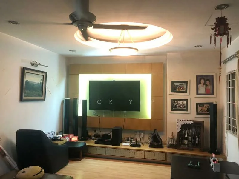 Living features: 5-blade ceiling fan with light, recessed ceiling with circular design, wall-mounted TV, black entertainment unit, wooden flooring, framed artwork on walls, decorative wall shelves, various decorative items, large window with grille, spotlights on ceiling; style: modern.
