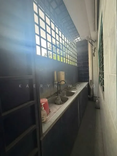 Room features: double-bowl stainless-steel sink, chrome pull-down faucet, dark cabinetry, tile backsplash, grey tiled flooring, large windows with grid pattern, wall-mounted storage shelves, exposed plumbing, light fixture, clean countertop space; style: modern; view: garden.