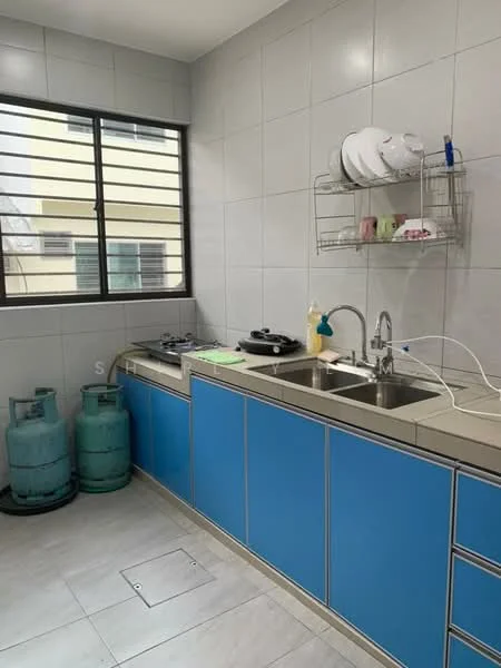 Kitchen features: blue cabinetry, double-bowl stainless-steel sink, chrome pull-down faucet, gas stove with two burners, grey tiled backsplash, grey tiled walls, light grey floor tiles, open shelving, two gas cylinders, window with metal grilles; style: modern.