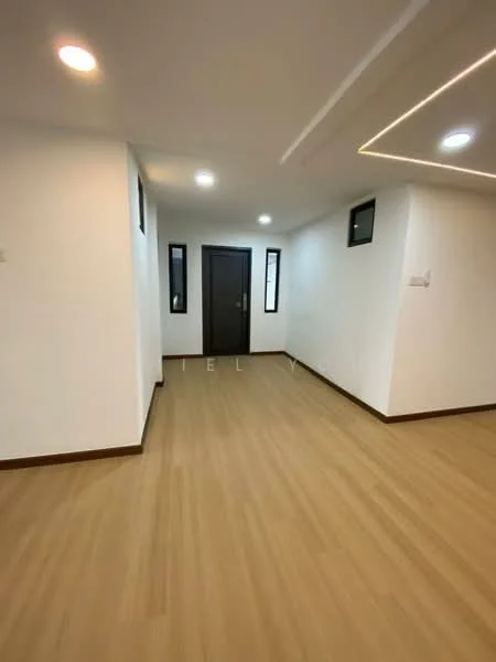 Room features: white painted walls, wooden flooring, recessed LED downlights, two small windows, single door, ceiling with LED strip lighting; style: modern.