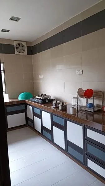Kitchen features: brown granite countertop, white and grey cabinetry, stainless-steel gas stove, kitchen sink, wall-mounted exhaust fan, open shelving, various cooking pots and utensils, tile backsplash with horizontal stripes, white tiled flooring, window for natural light; style: modern.