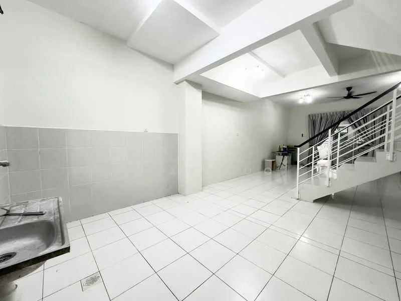 Room features: white painted walls, white ceiling, tile flooring, stainless-steel sink, open space layout, staircase with white railing, ceiling fan, large windows, natural light, neutral color scheme; style: modern.
