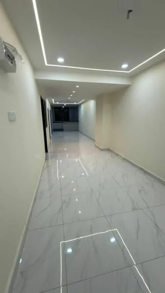 Hallway features: glossy marble tile flooring, white painted walls, recessed LED downlights, crown moulding, ceiling with LED strip lighting, open layout, large windows at the end, neutral color scheme; style: modern.