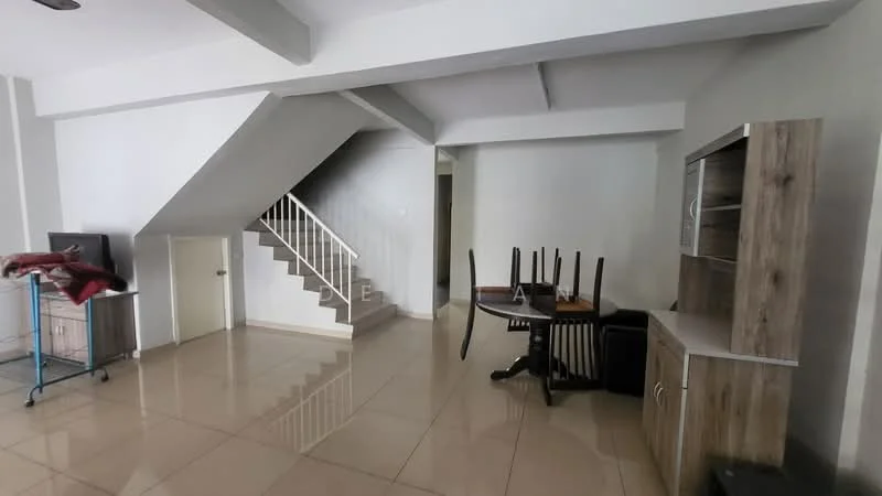 Living features: glossy tile flooring, white painted walls, staircase with white railing, dining table with chairs, wooden cabinet, TV console, open layout, large windows, ceiling with exposed beams; style: modern.