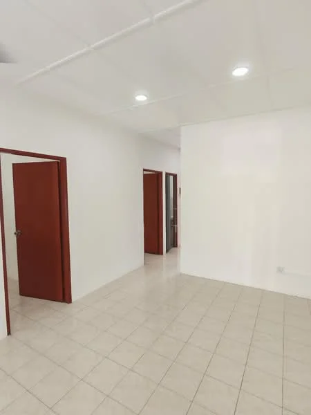 Room features: white painted walls, tile flooring, recessed downlights, two wooden doors, one door with glass panel, neutral color scheme.