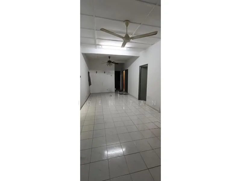 Room features: white painted walls, white ceiling, ceiling fan, 2-blade ceiling fan, glossy ceramic tile flooring, doorway leading to another room, doorway leading to hallway, recessed lighting; style: minimalist.