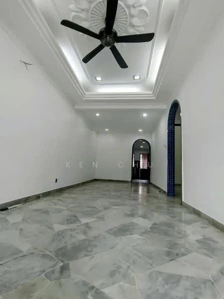 Room features: marble flooring, white painted walls, tray ceiling with recessed lighting, 5-blade ceiling fan, arched doorway, dark blue tiled wall, multiple ceiling lights; style: modern.