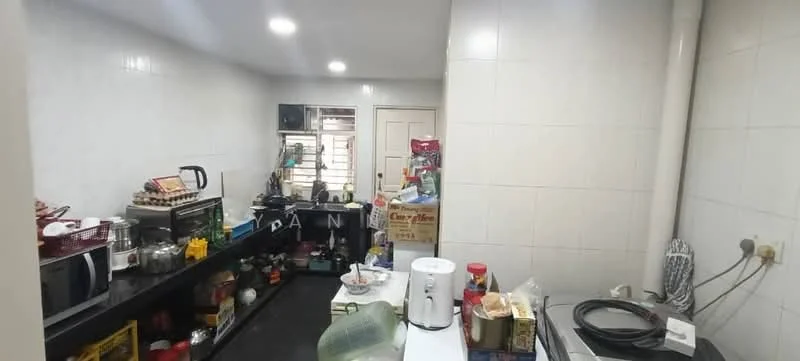Kitchen features: white tiled walls, black countertop, stainless-steel sink, chrome pull-down faucet, microwave, toaster, electric kettle, built-in oven, freestanding range oven, multiple kitchen cabinets, various kitchen appliances, open shelving, refrigerator, wall-mounted exhaust fan, tile flooring; style: modern.