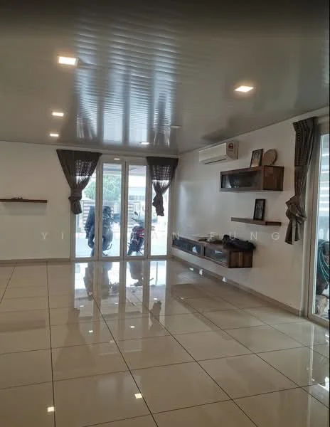 Living features: glossy ceramic tile flooring, white painted walls, recessed downlights, sliding glass door, sheer curtains, built-in wall shelves, air conditioning unit, open layout; style: modern.