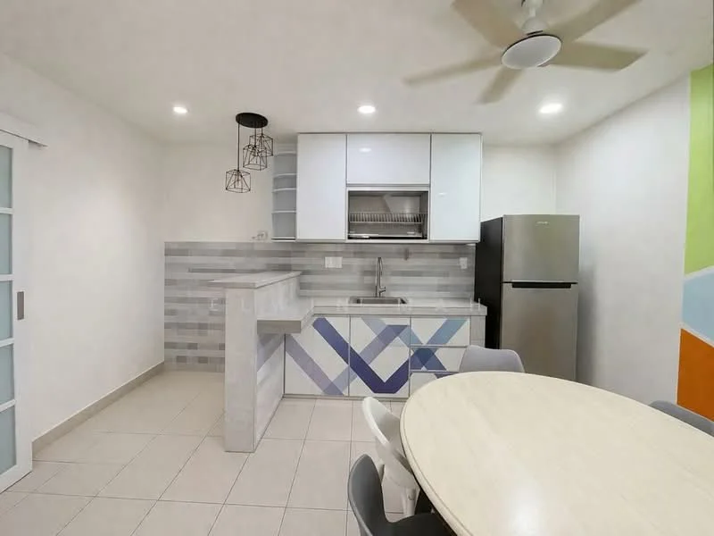 Kitchen features: white painted walls, grey tiled backsplash, light grey countertop, stainless-steel sink, chrome pull-down faucet, built-in oven, stainless-steel fridge, white cabinetry, ceiling fan, recessed LED downlights, round dining table, upholstered dining chairs; style: modern.
