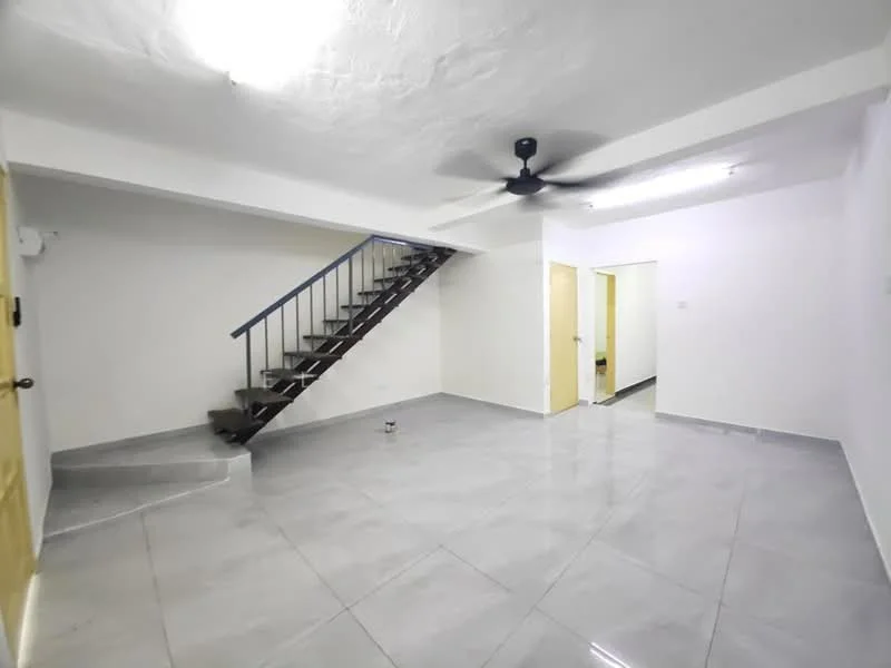 Living features: grey polished floor tiles, white painted walls, ceiling fan, staircase with metal railing, doorway leading to other rooms, natural light from windows, open layout, no visible furniture; style: modern.