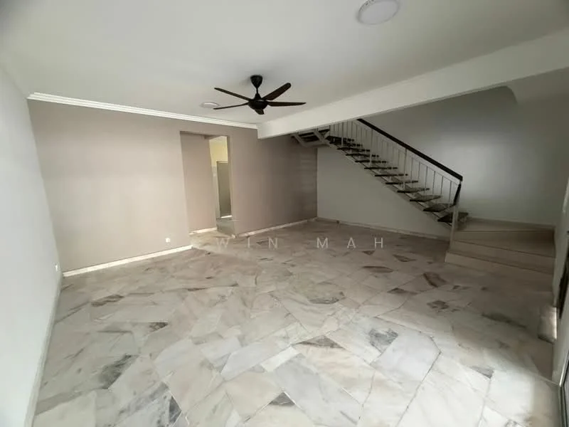 Living features: marble flooring, white painted walls, 5-blade ceiling fan, staircase with metal railing, recessed lighting, open layout, large space, neutral color scheme; style: modern.
