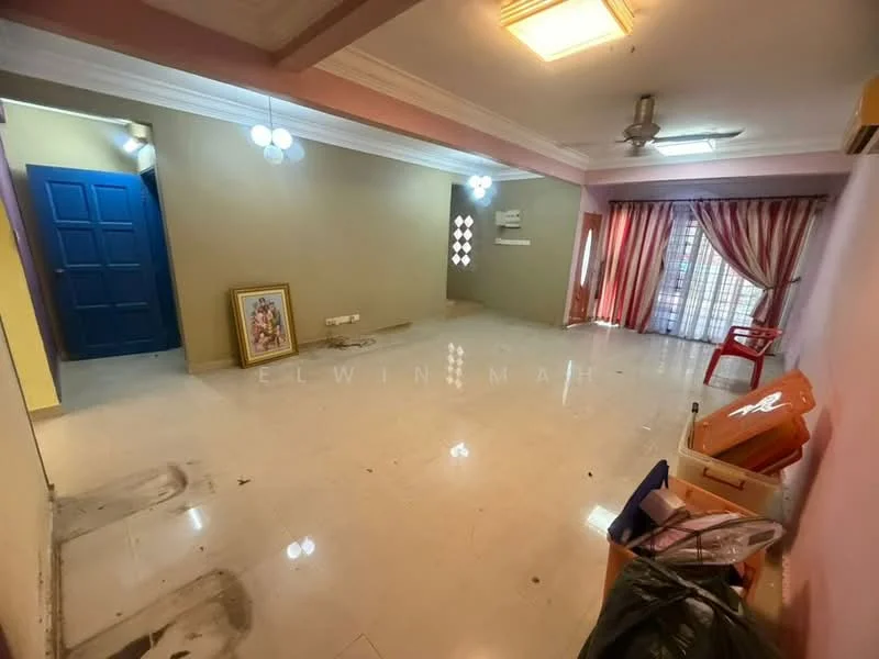 Living features: white walls, cream accent wall, marble tile flooring, tray ceiling, 5-blade ceiling fan with light, floor-to-ceiling windows with sheer curtains, sliding glass door, red plastic chair, framed artwork on the floor, decorative wall panel, air conditioning unit; style: modern.