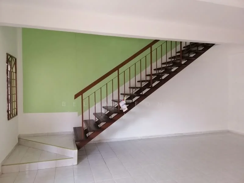 Room features: staircase with wooden railing, white walls, green accent wall, ceramic tile flooring, large window, open space layout; style: modern.