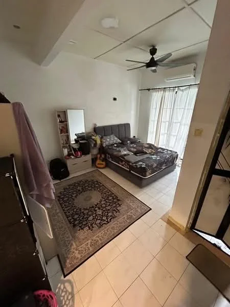 Bedroom features: queen-size bed with patterned bedding, upholstered headboard, 2 bedside lamps, wooden wardrobe, full-length mirror, area rug with geometric pattern, ceiling fan, wall-mounted air conditioning unit, sliding glass door with sheer curtains, white painted walls, tile flooring; style: modern.