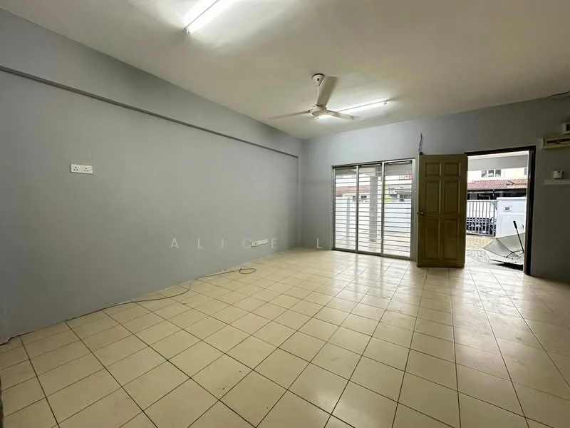 Living features: light grey painted walls, white tiled flooring, 5-blade ceiling fan, sliding glass door, window with view to exterior, door leading to exterior, wall-mounted electrical outlets, no visible furniture.