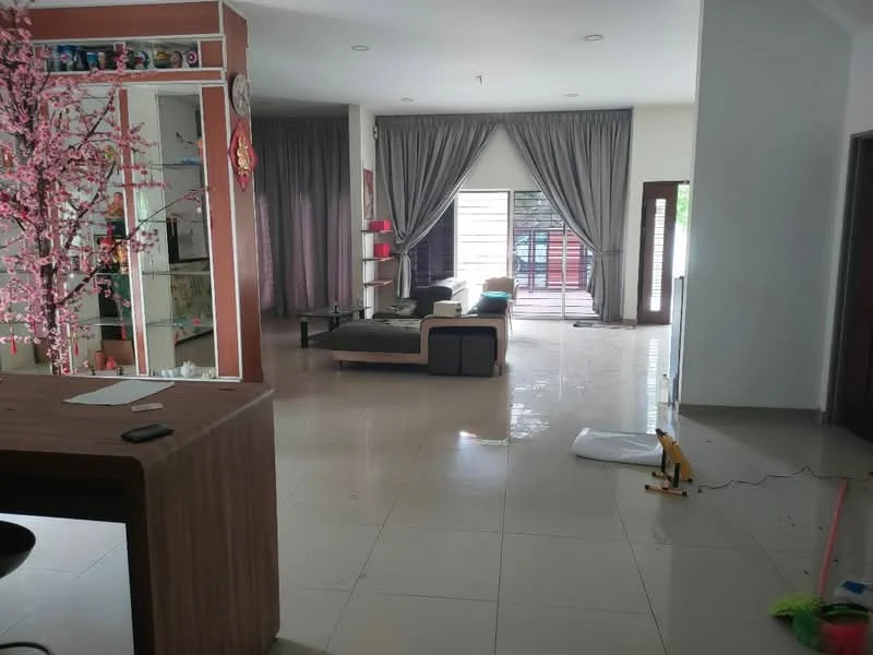 Living features: large floor-to-ceiling windows, grey curtains, sofa in black and cream, coffee table, TV console, wall-mounted shelves, decorative wall clock, light-colored tiled flooring, recessed ceiling lights, open layout, decorative plant, area rug; style: modern; view: garden. Dining features: wooden dining table, black dining chairs, open shelving unit, decorative cherry blossom tree, light-colored tiled flooring; style: modern.