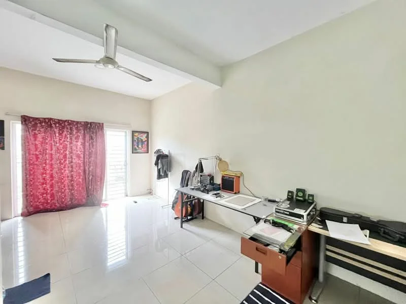 Study features: white painted walls, glossy tile flooring, 5-blade ceiling fan, floor-to-ceiling windows, sheer curtains, desk with computer setup, storage cabinet, area rug with striped pattern; style: modern.