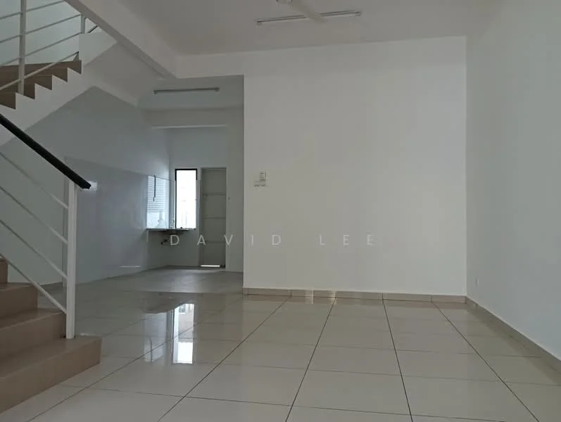 Room features: white painted walls, glossy ceramic tile flooring, staircase with metal railing, large window with natural light, ceiling lights, open layout, neutral color scheme, corner space for furniture; style: modern.