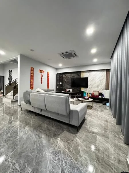 Living features: grey fabric L-shape sectional sofa, marble tile flooring, recessed downlights, wall-mounted TV, black feature wall with stone cladding, decorative wall art, curtains in grey, coffee table, decorative items on console table; style: modern.