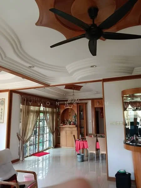 Living features: 5-blade ceiling fan in black, tray ceiling with decorative molding, white painted walls, glossy tile flooring, large windows with sheer curtains, wooden cabinetry, dining table with red tablecloth, decorative wall mirror, open layout to adjacent areas; style: traditional.