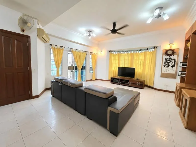 Living features: 3-seater leather sofa in grey, floor-to-ceiling windows with sheer curtains, white painted walls, tile flooring, ceiling fan with light, wall-mounted TV, wooden TV console, decorative wall clock, light-colored curtains, recessed downlights; style: modern.