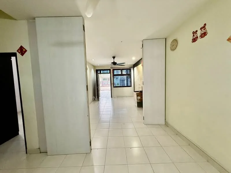 Room features: white painted walls, white tiled flooring, ceiling fan, large windows, doorway leading to another room, clock on wall, decorative wall hangings, open layout; style: modern.