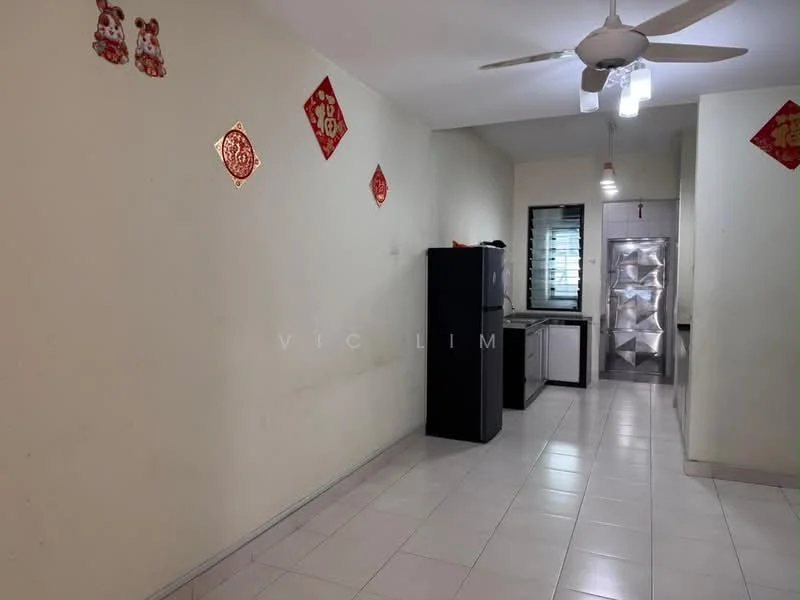 Kitchen features: white painted walls, ceramic tile flooring, 5-blade ceiling fan, refrigerator, built-in oven, stainless-steel sink, countertop, window with blinds.