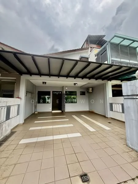 Exterior type: linked terrace house; features: covered porch area, grey tiled flooring, white painted walls, sliding glass door, wall-mounted split AC unit, intercom panel, multiple mailboxes, overhead roof with beams, paved walkway, landscaped area; style: modern.