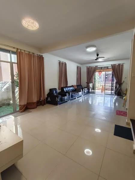 Living features: white painted walls, polished ceramic tile flooring, 5-blade ceiling fan with light, floor-to-ceiling sliding glass door, sheer curtains, black leather 3-seater sofa, black leather 2-seater sofa, decorative ceiling light, area rug, greenery view from sliding door; style: modern; view: garden.