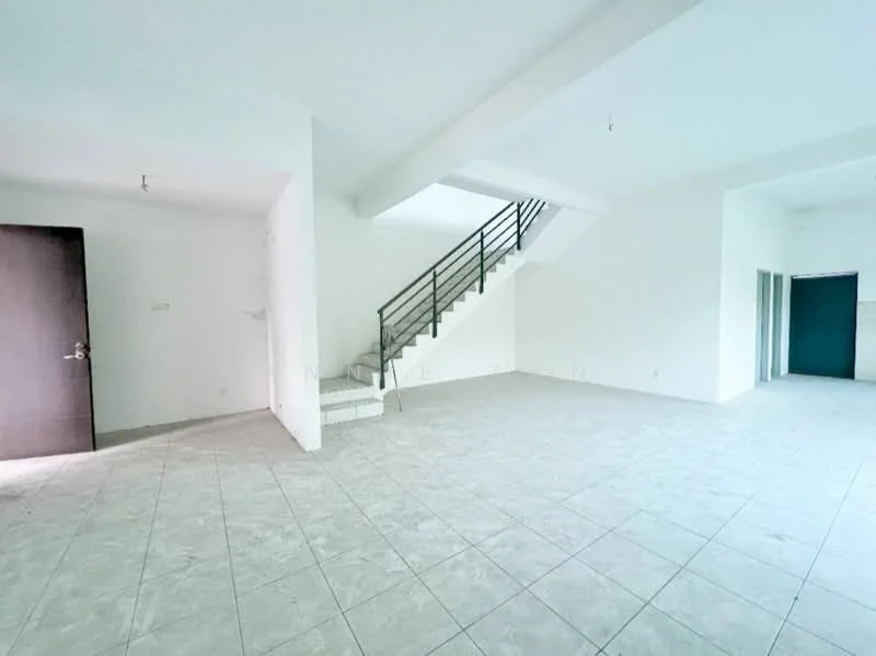 Room features: white painted walls, tile flooring, staircase with metal railing, large windows, open layout, high ceiling, no visible furniture, neutral color scheme; style: modern.