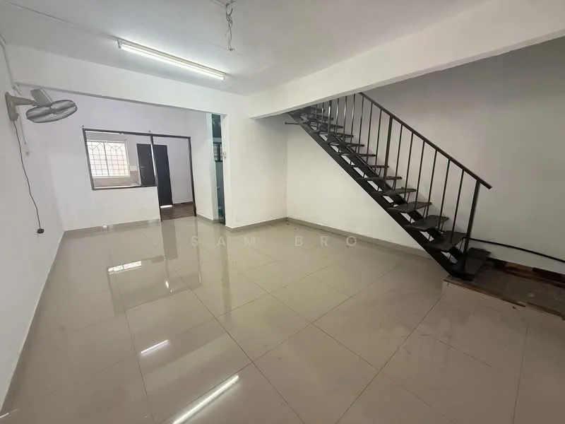 Room features: white painted walls, polished floor tiles, exposed ceiling, staircase with metal railing, large window, doorway leading to another room, fluorescent ceiling lights, open layout; style: modern.