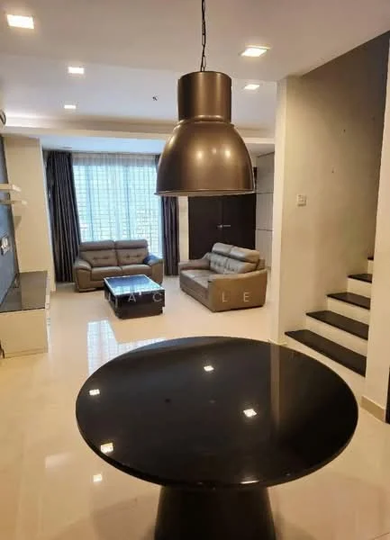 Living features: 3-seater fabric sofa in beige, 2-seater leather sofa, black round dining table, large pendant light, floor-to-ceiling windows, curtains, white painted walls, polished tile flooring, built-in TV console, staircase with dark steps; style: modern; view: city.